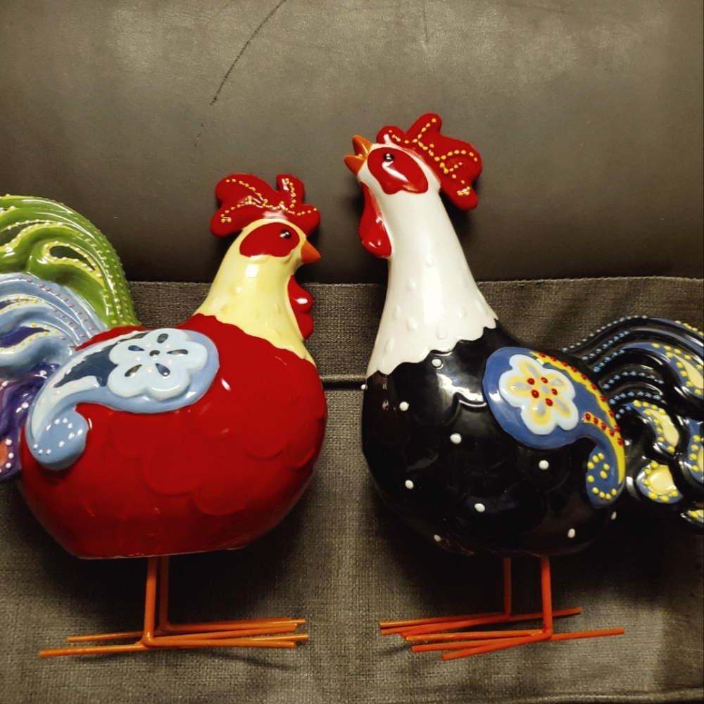 Two Colorful Talavera Ceramic Rocking Rooster / Chicken Figurines